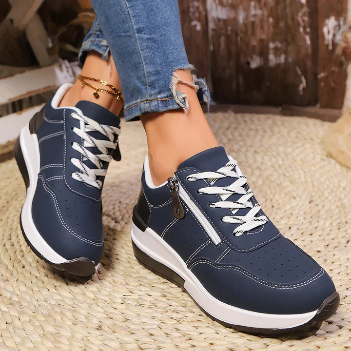 Women's Lace Up Zip Sneakers – Panelled Wedge Platform Sole Casual