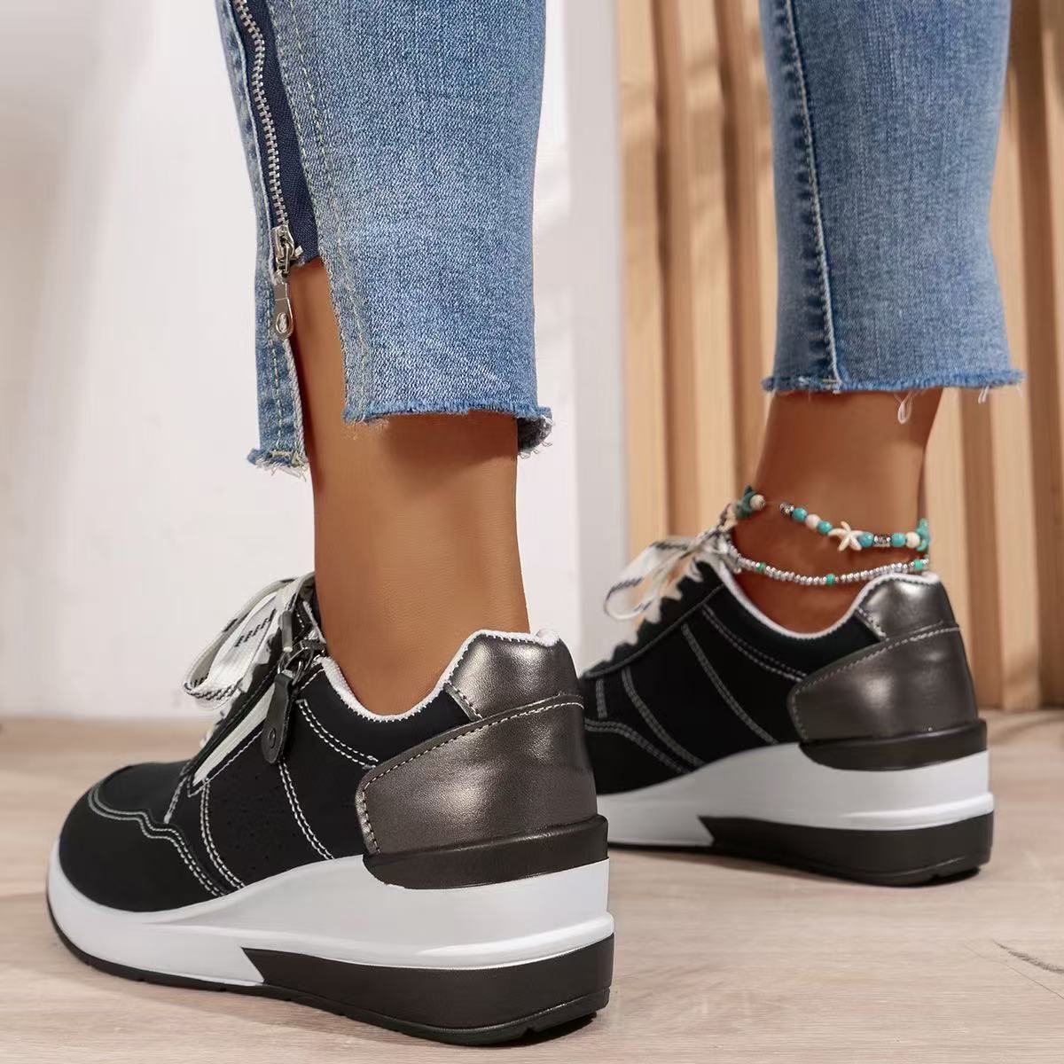 Women's Lace Up Zip Sneakers – Panelled Wedge Platform Sole Casual