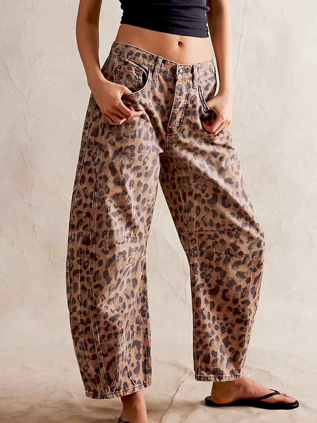 Women's Leopard Print Wide Leg Denim Jeans – High Waist Barrel Fit Casual