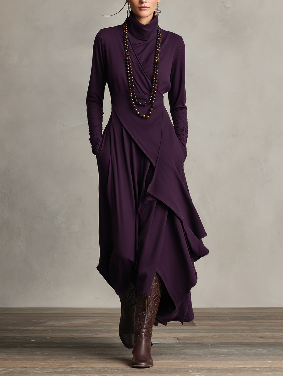 Women's Long Sleeve Turtleneck Wrap Maxi Dress – Asymmetric Hem Draped Pockets