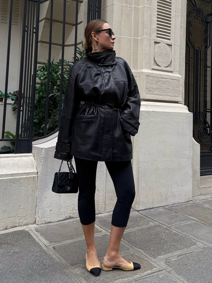 Women's Longline PU Jacket – Stand Collar Zip Front Drawstring Waist