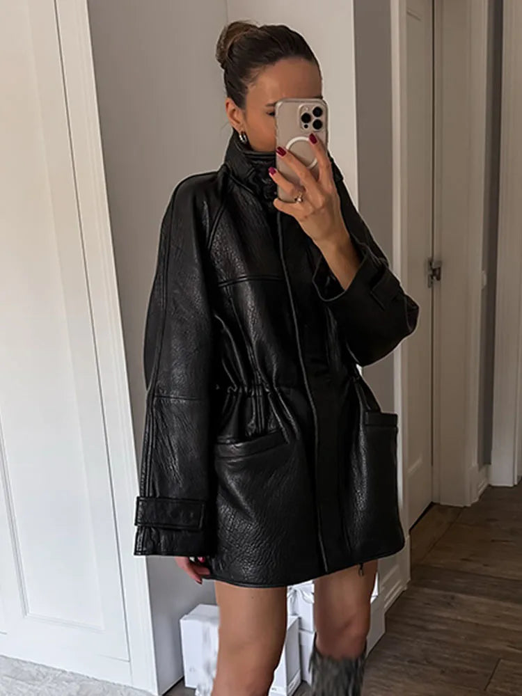 Women's Longline PU Jacket – Stand Collar Zip Front Drawstring Waist