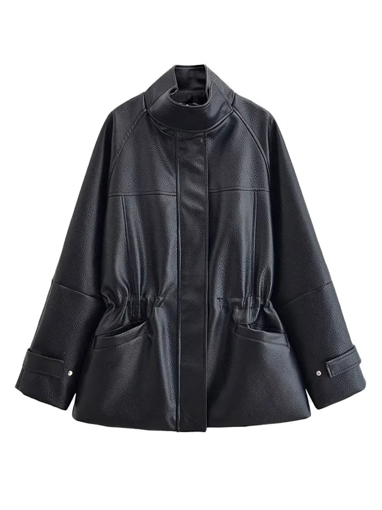 Women's Longline PU Jacket – Stand Collar Zip Front Drawstring Waist