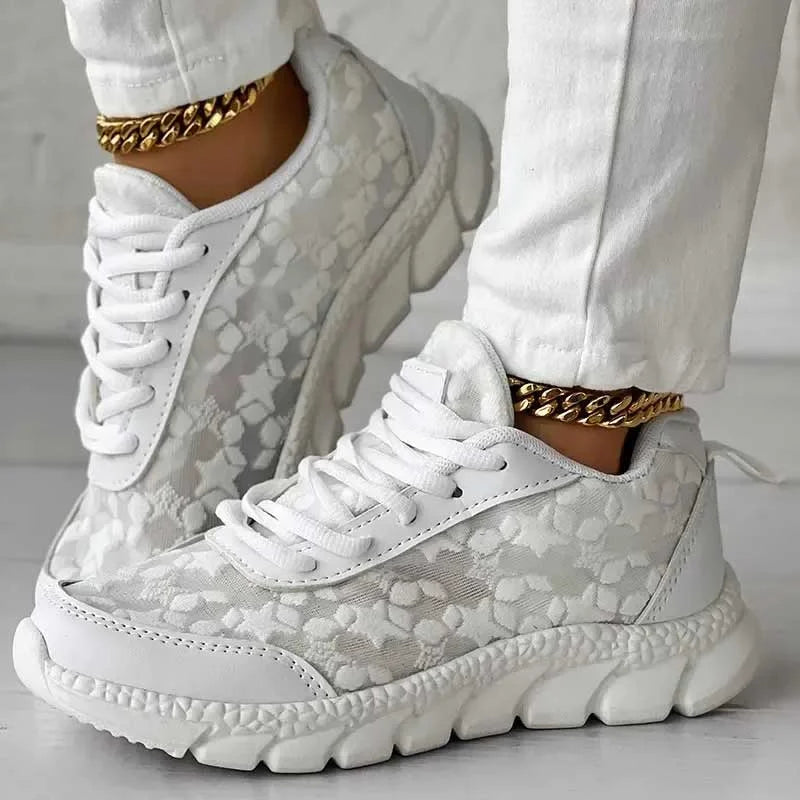 Women's Mesh Floral Sneakers – Lace Up Chunky Platform Low Top Casual