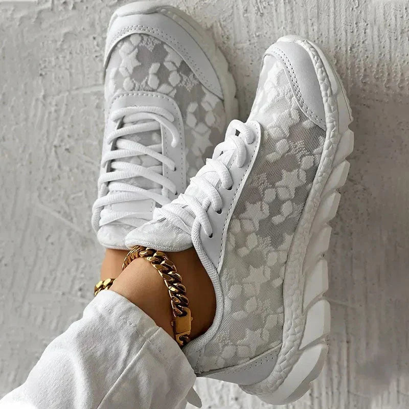 Women's Mesh Floral Sneakers – Lace Up Chunky Platform Low Top Casual