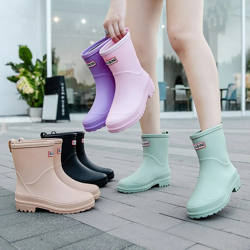 Women's Mid-Ankle Waterproof Rain Boots – Pull-On Lug Sole Wet Weather