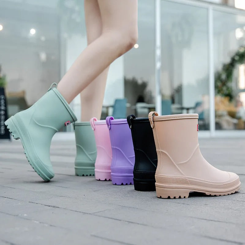 Women's Mid-Ankle Waterproof Rain Boots – Pull-On Lug Sole Wet Weather