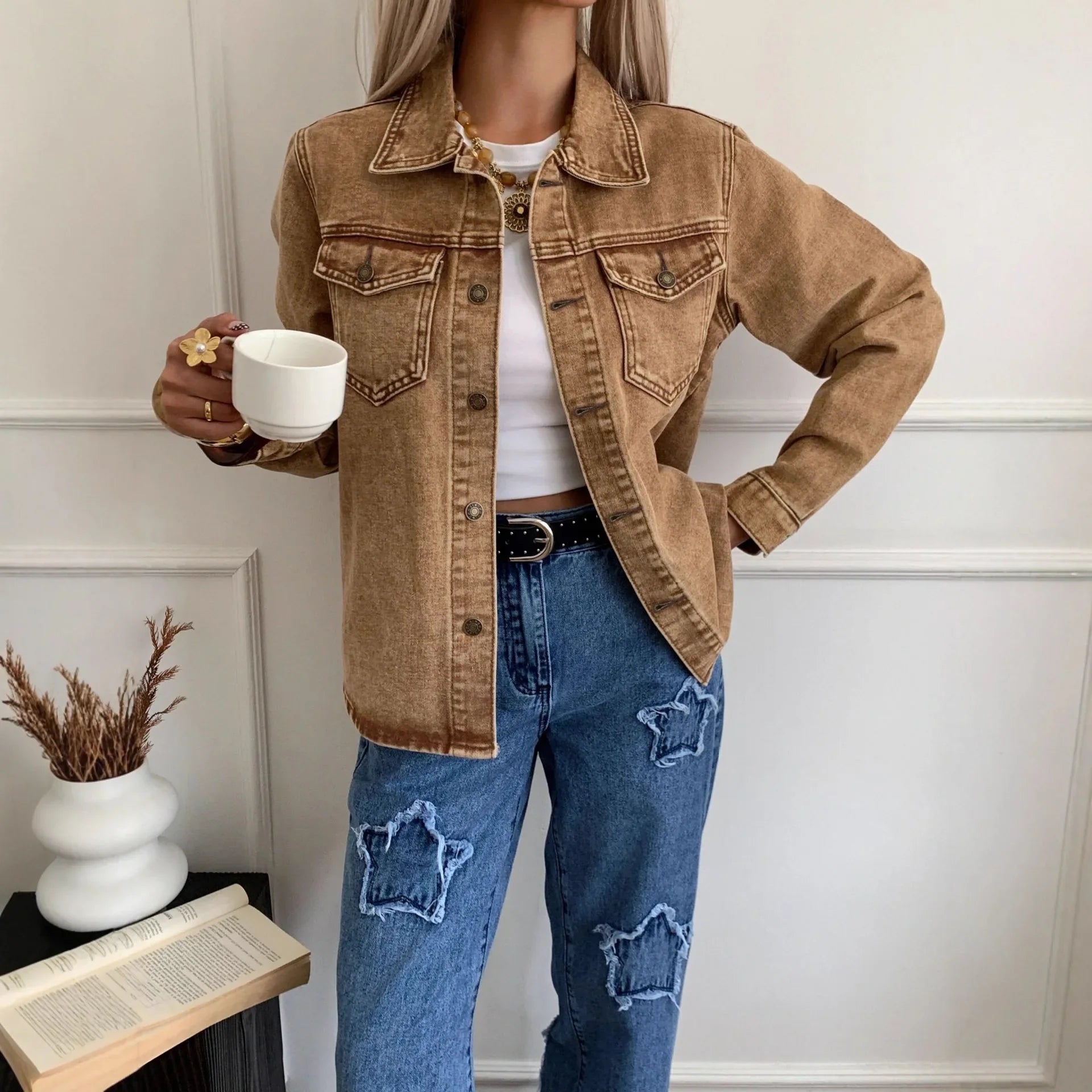Women's Mineral Wash Denim Jacket – Single Breasted Snap Button Casual