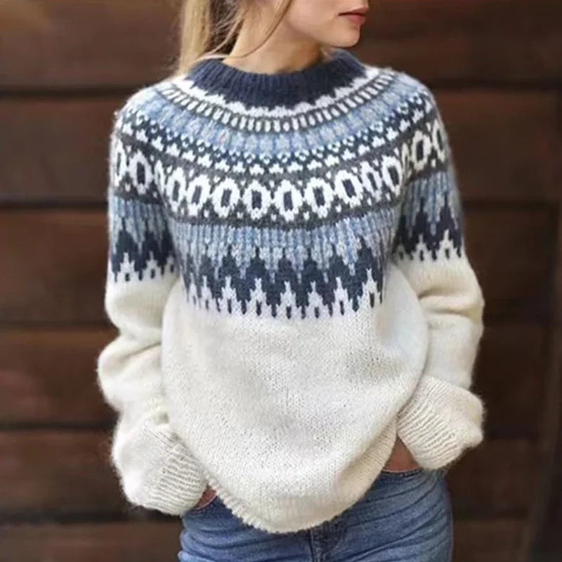 Women's Nordic Pattern Crew Neck Sweater – Long Sleeve Knit Casual