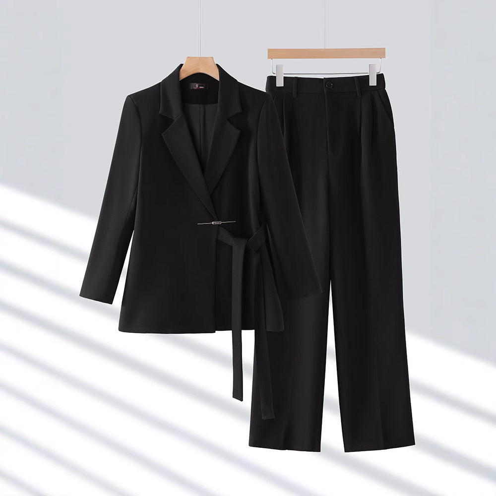 Women's Notch Lapel Two Piece Blazer Trouser Suit Set – Belted Wide Leg Office