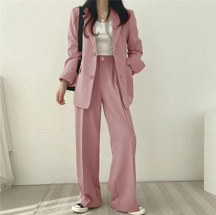 Women's Notch Lapel Two-Piece Suit Set – Single Breasted Blazer Wide Leg Pants