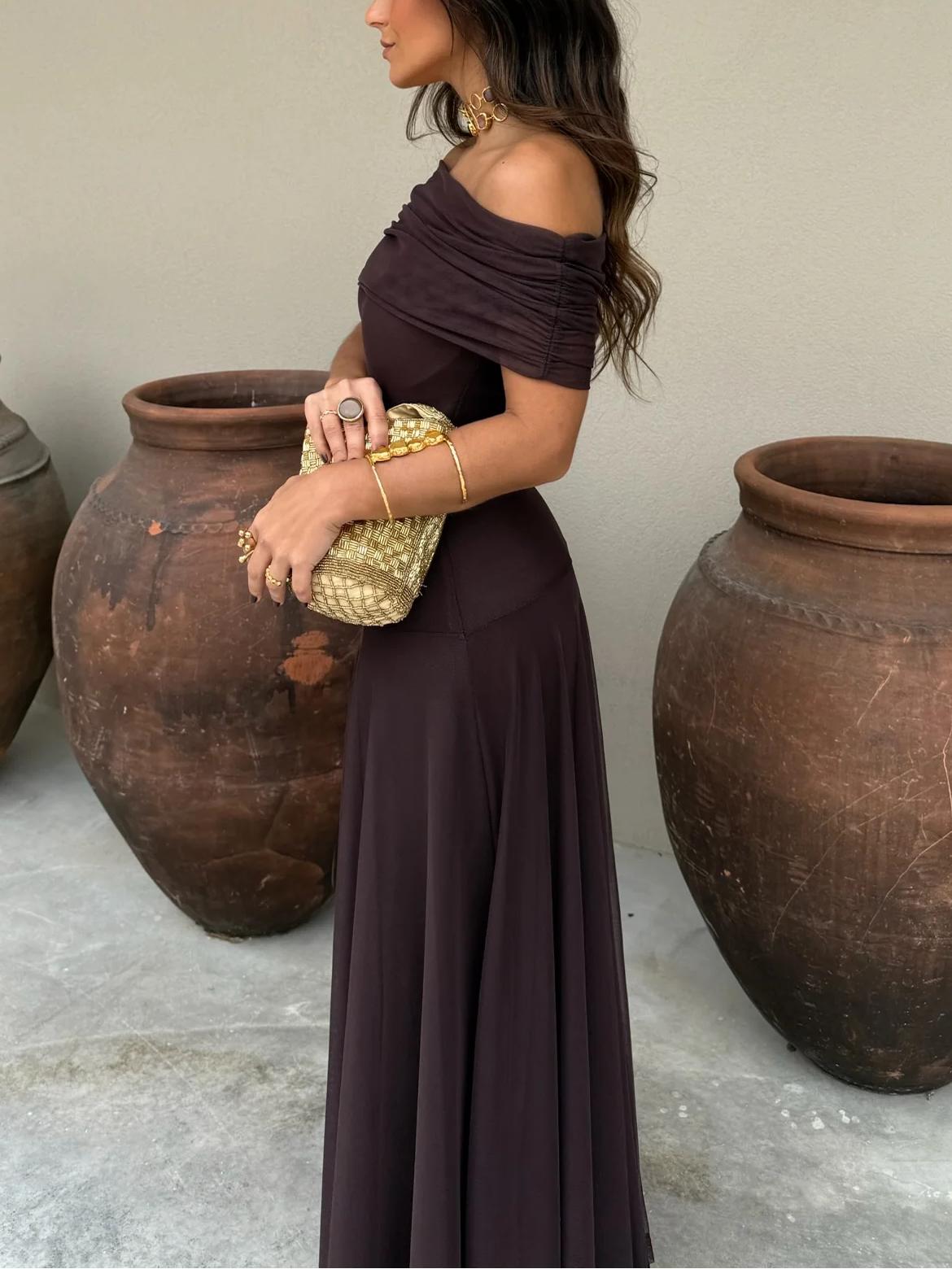 Women's Off Shoulder Sheer Overlay Maxi – Ruched Bodice Wedding Guest Dress