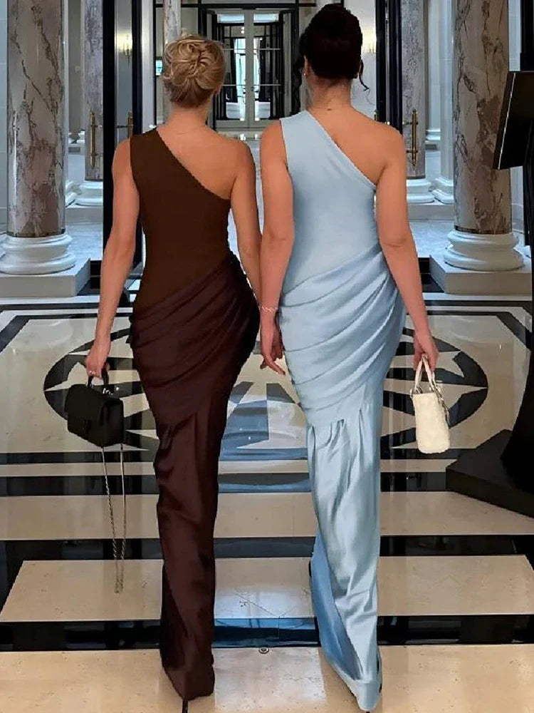 Women's One Shoulder Maxi Dress – Ruched Satin Skirt Sleeveless Wedding Guest
