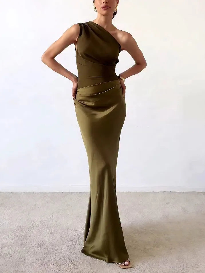 Women's One Shoulder Maxi – Ruched Bodice Satin Skirt Formal Evening Dress