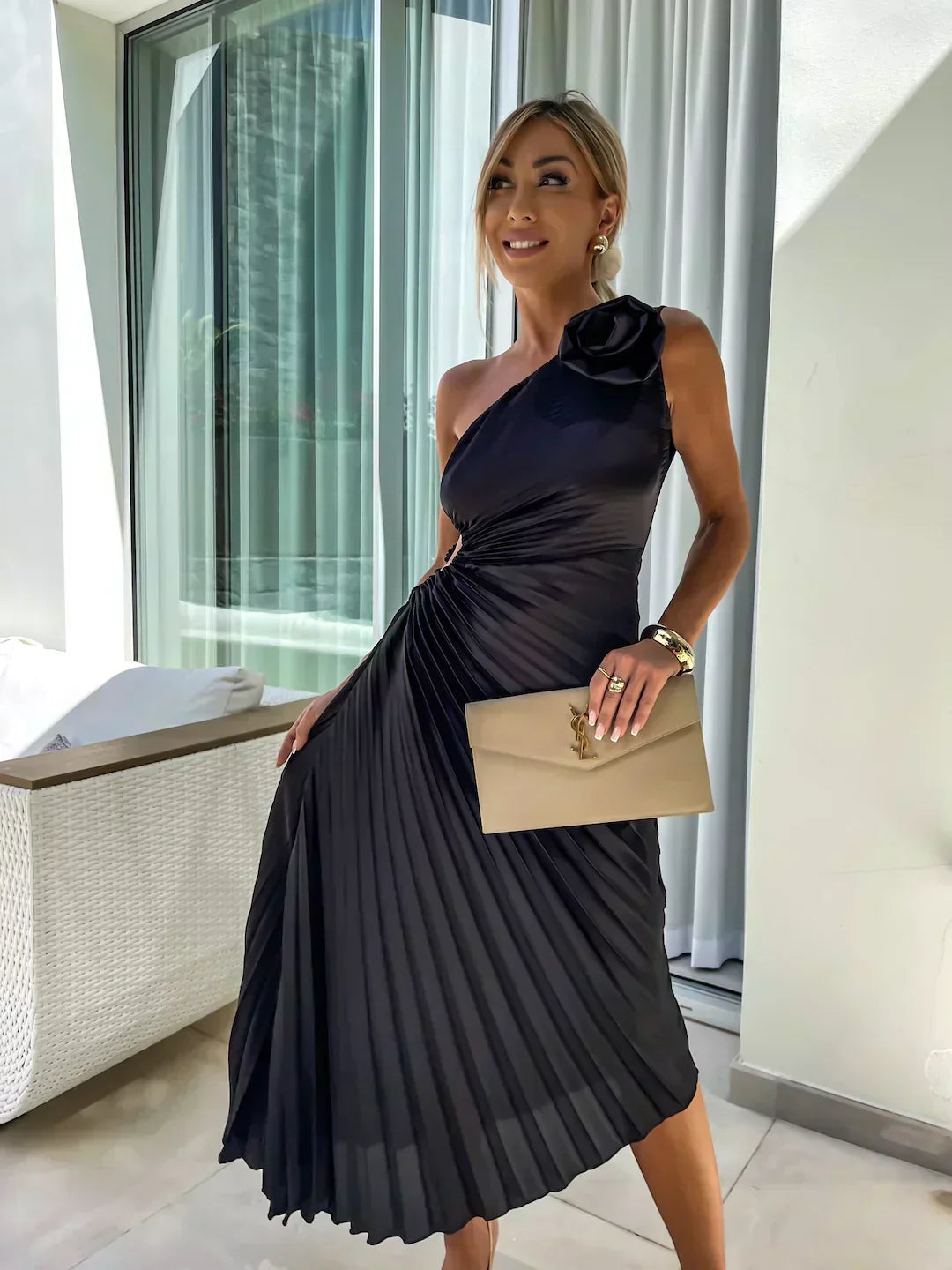 Women's One Shoulder Pleated Midi – Rosette Ruched Wedding Guest Dress
