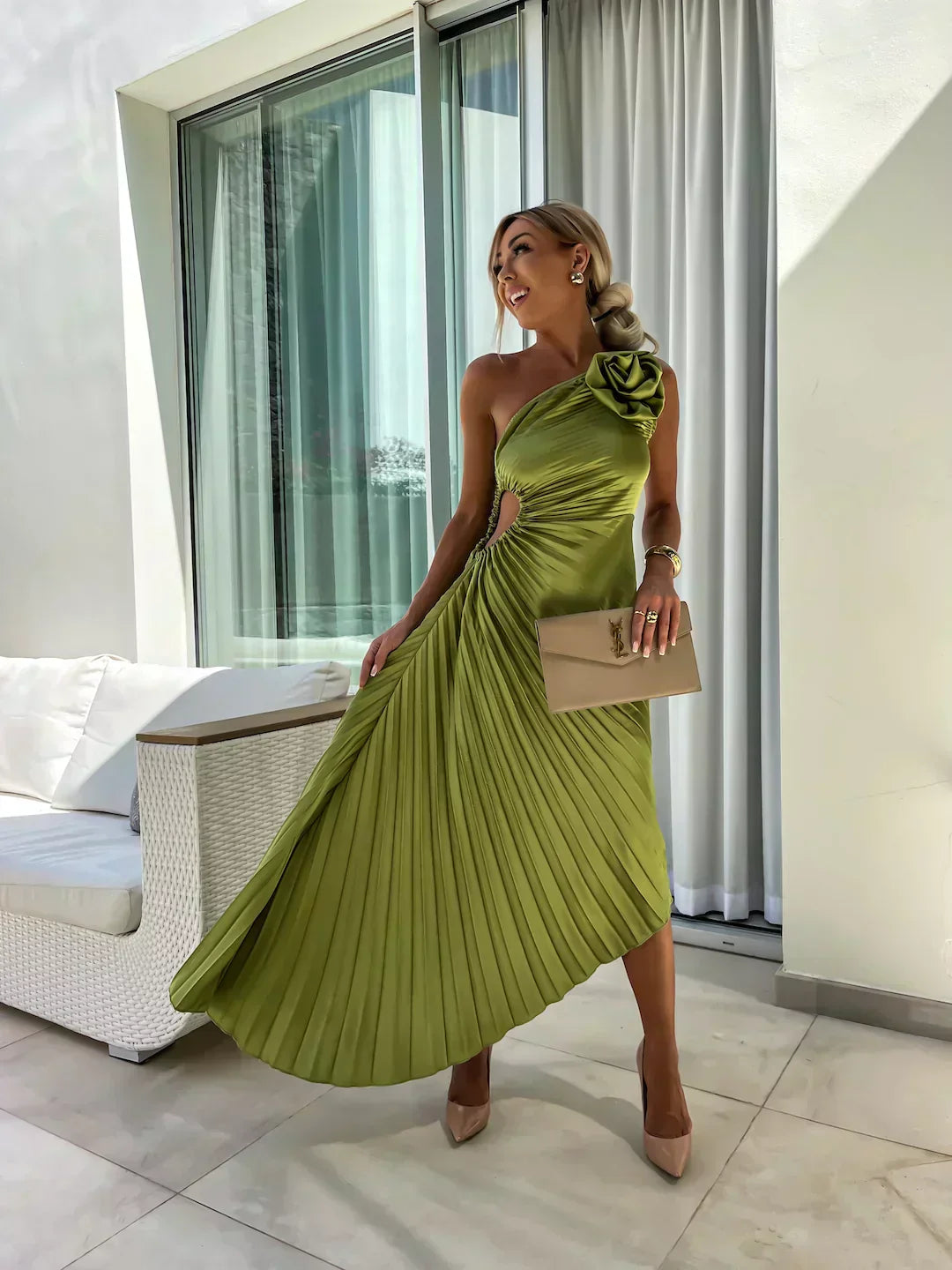 Women's One Shoulder Pleated Midi – Rosette Ruched Wedding Guest Dress