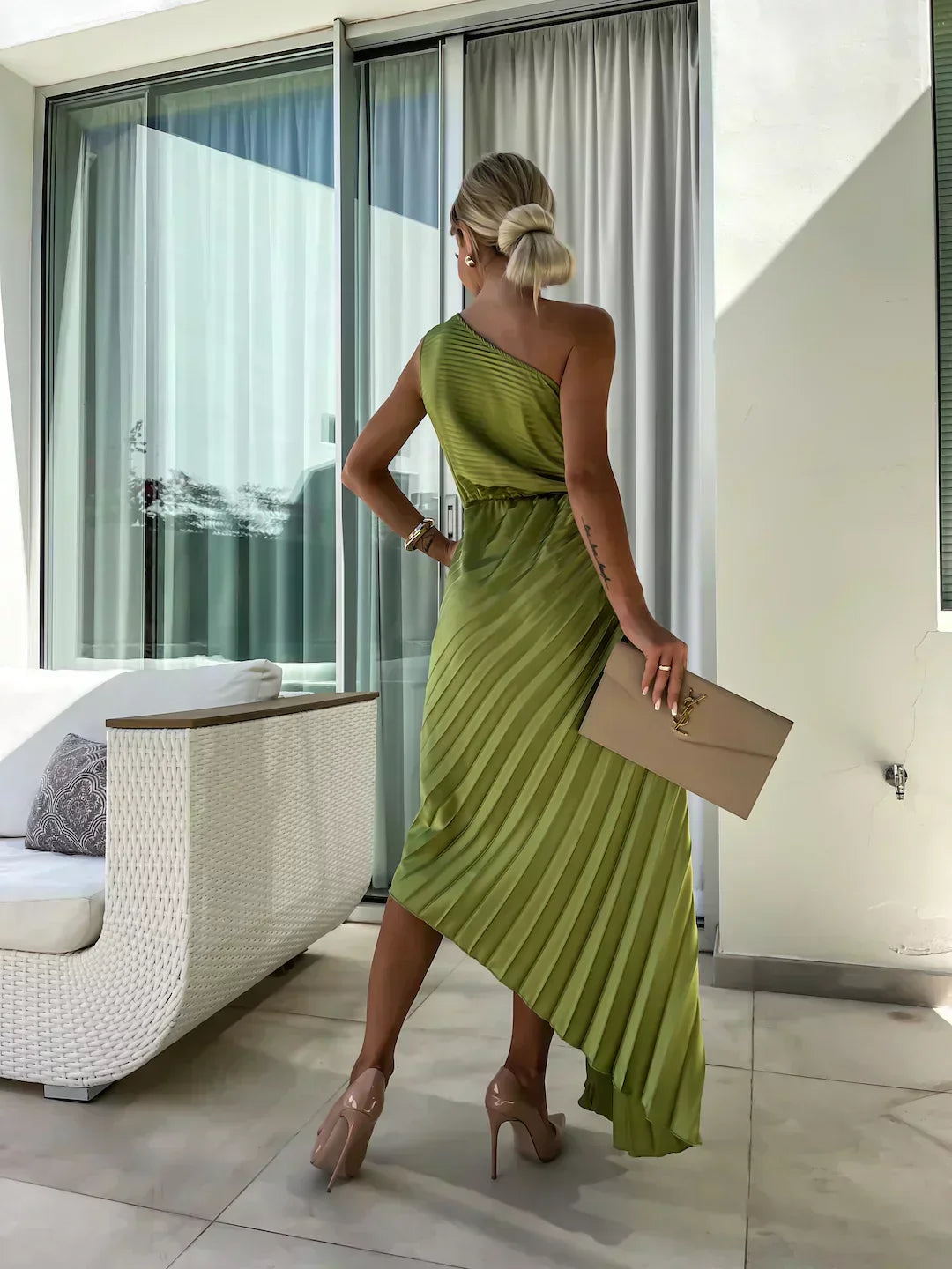 Women's One Shoulder Pleated Midi – Rosette Ruched Wedding Guest Dress