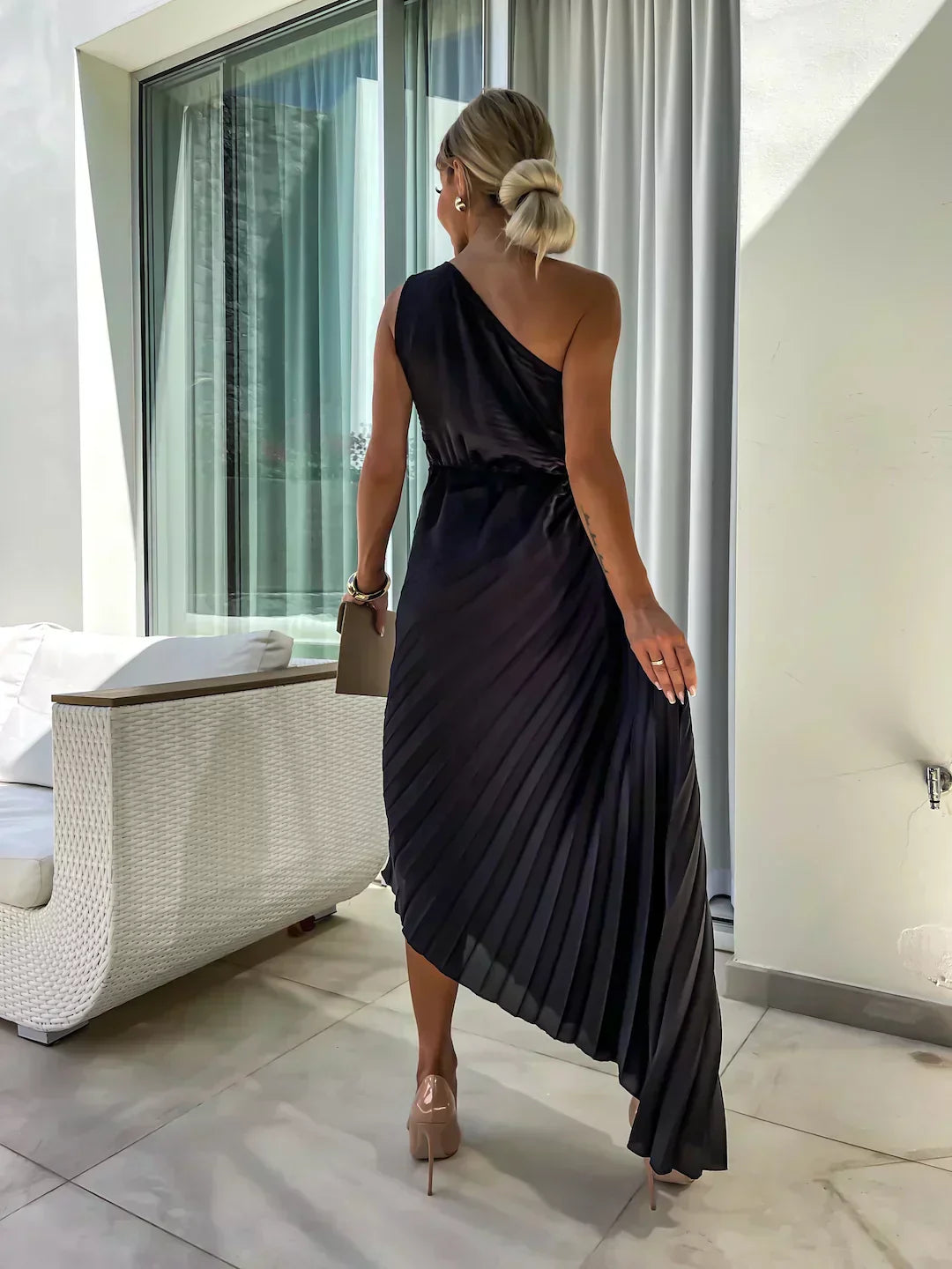 Women's One Shoulder Pleated Midi – Rosette Ruched Wedding Guest Dress
