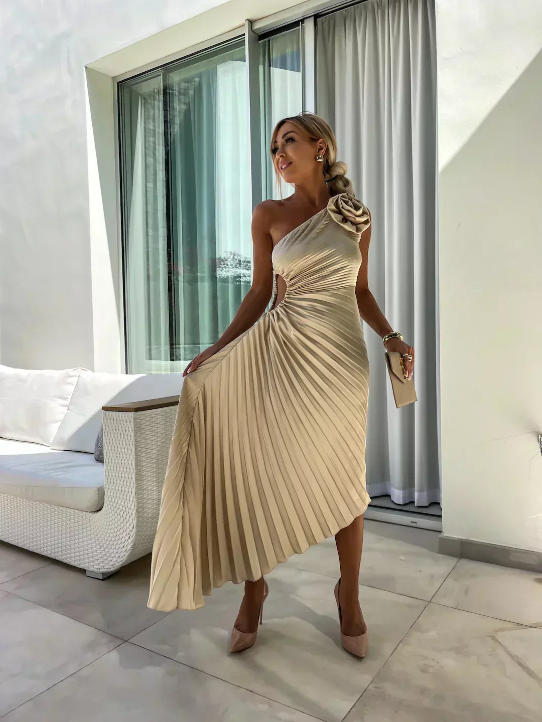 Women's One Shoulder Pleated Midi – Rosette Ruched Wedding Guest Dress