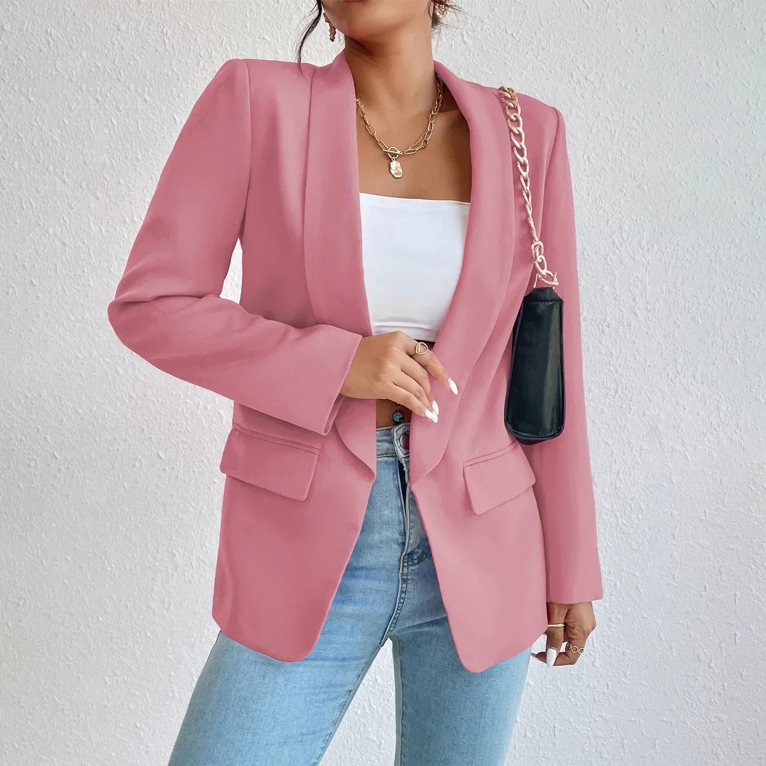 Women's Open Front Shawl Collar Blazer – Flap Pocket Long Sleeve Work Jacket
