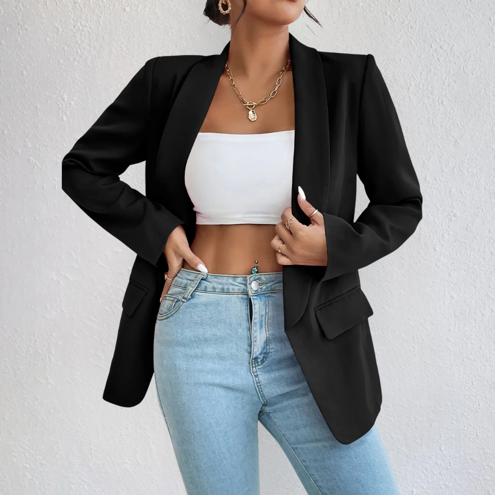 Women's Open Front Shawl Collar Blazer – Flap Pocket Long Sleeve Work Jacket