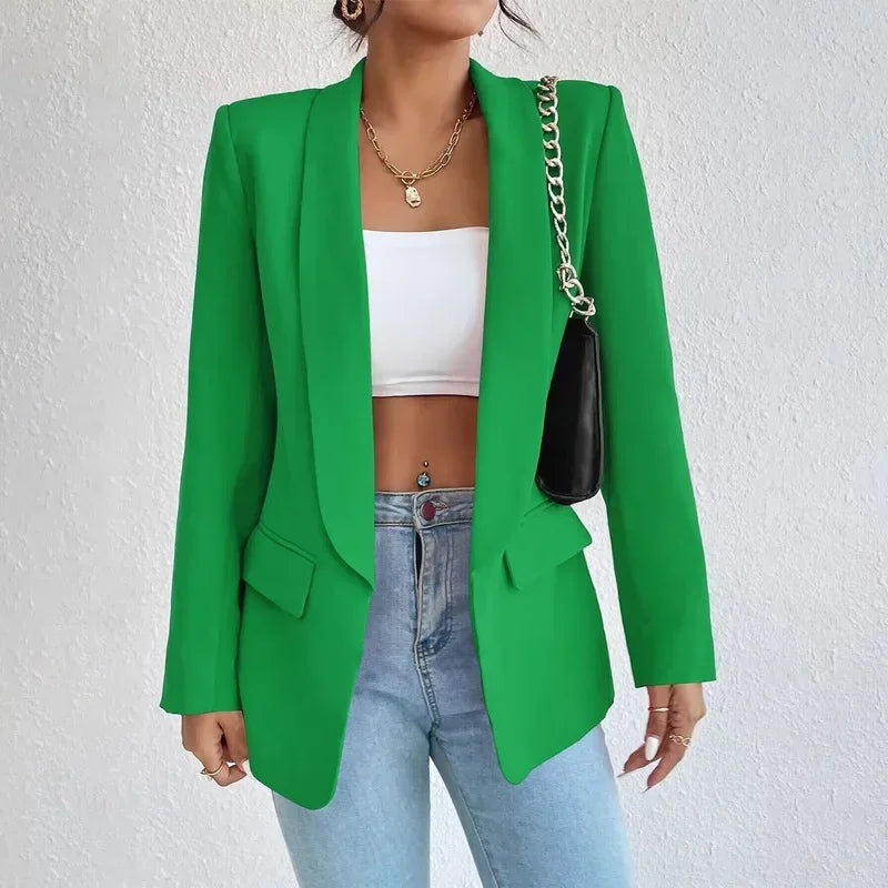 Women's Open Front Shawl Collar Blazer – Flap Pocket Long Sleeve Work Jacket