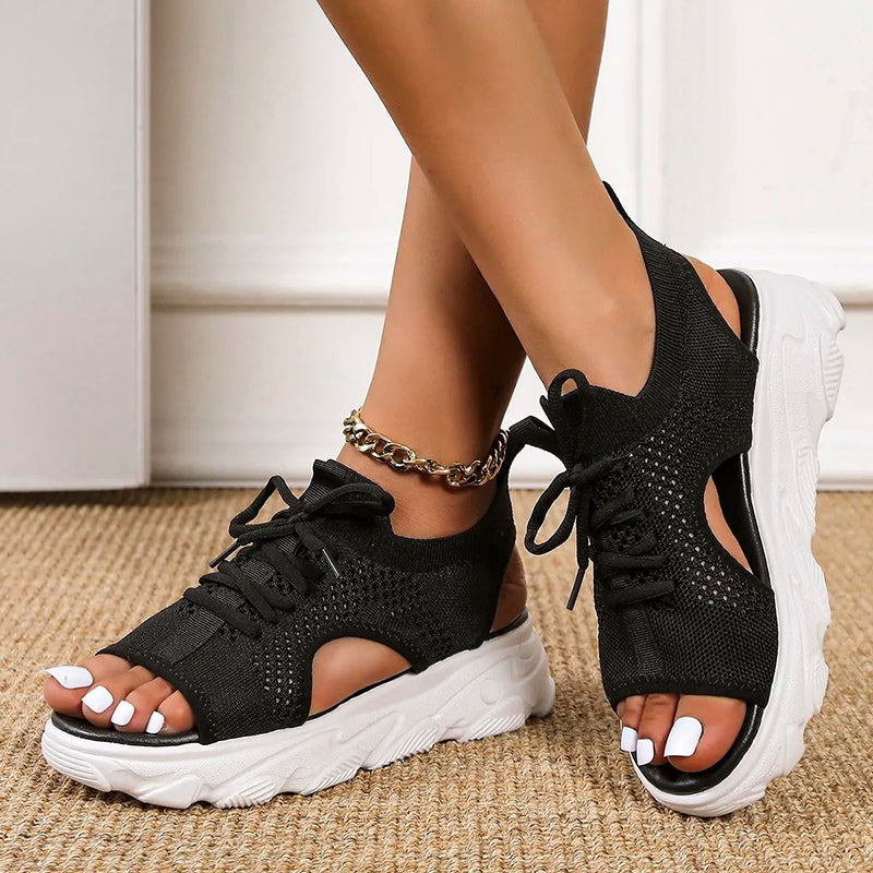 Women's Open Toe Platform Sandals – Lace Up Knit Upper Chunky Sole Casual