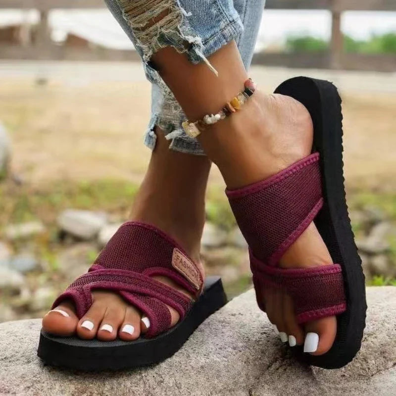 Women's Open Toe Slide Sandals – Crossover Mesh Strap Platform Casual Summer