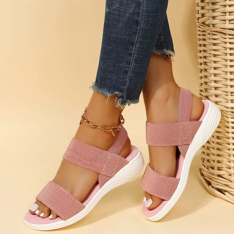 Women's Open Toe Stretch Strap Flat Sandals – Knit Band Slingback Casual