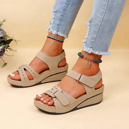 Women's Open Toe Wedge Sandals – Dual Hook Loop Strap Casual Platform