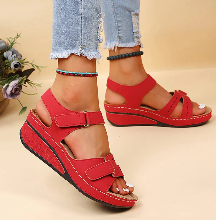 Women's Open Toe Wedge Sandals – Dual Hook Loop Strap Casual Platform