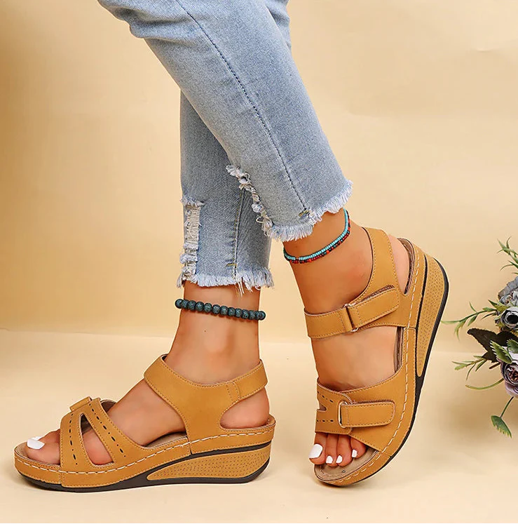 Women's Open Toe Wedge Sandals – Dual Hook Loop Strap Casual Platform