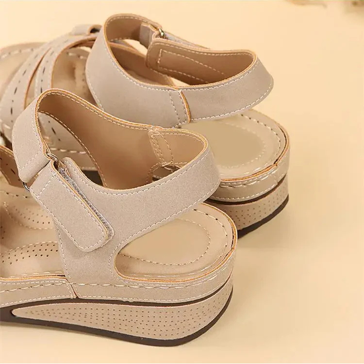 Women's Open Toe Wedge Sandals – Dual Hook Loop Strap Casual Platform
