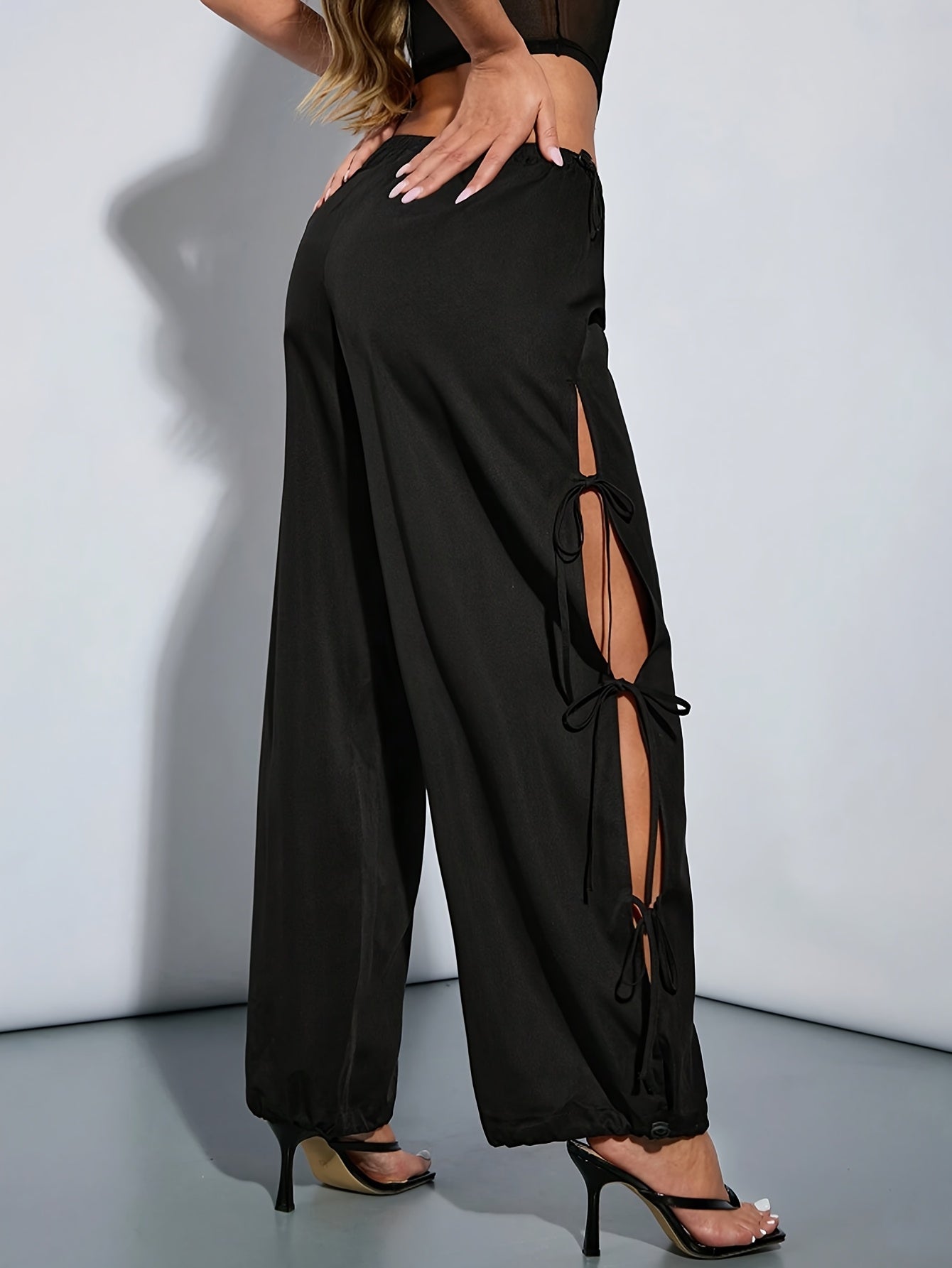 Women's Parachute Pants – Mid Rise Wide Leg Side Tie Bow Slit Casual Street