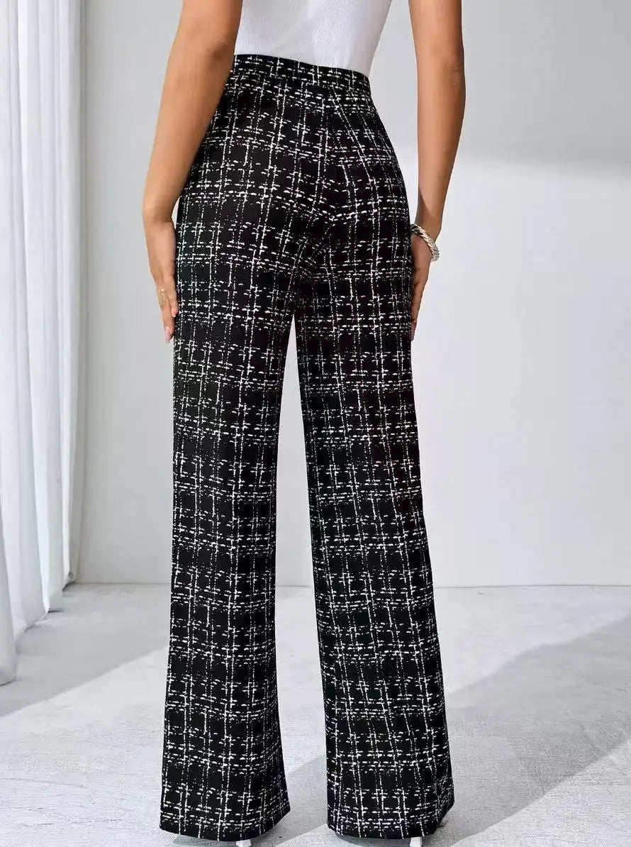 Women's Plaid Print Wide Leg Pants – High Waist Pull-On Work Office Trousers