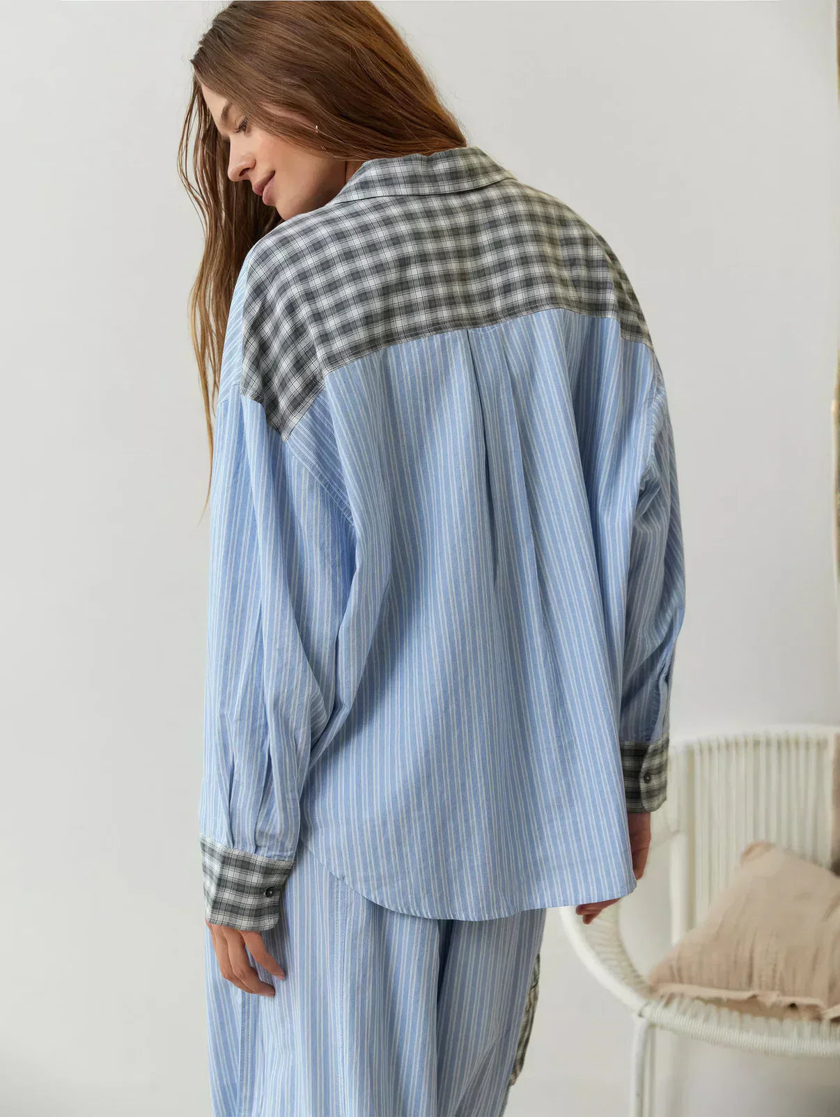 Women's Plaid Stripe Two Piece Pajama Set – Mixed Print Button Front Nightwear