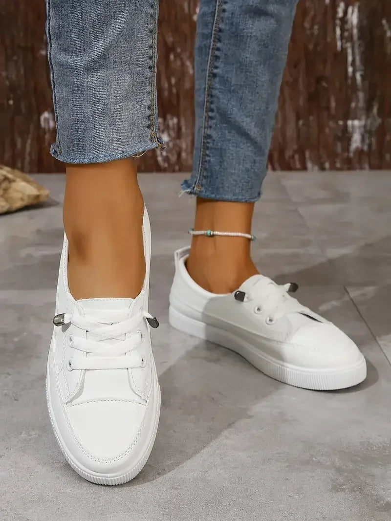 Women's Plain Low Top Sneakers – Lace Up Closed Toe Casual Everyday Flat