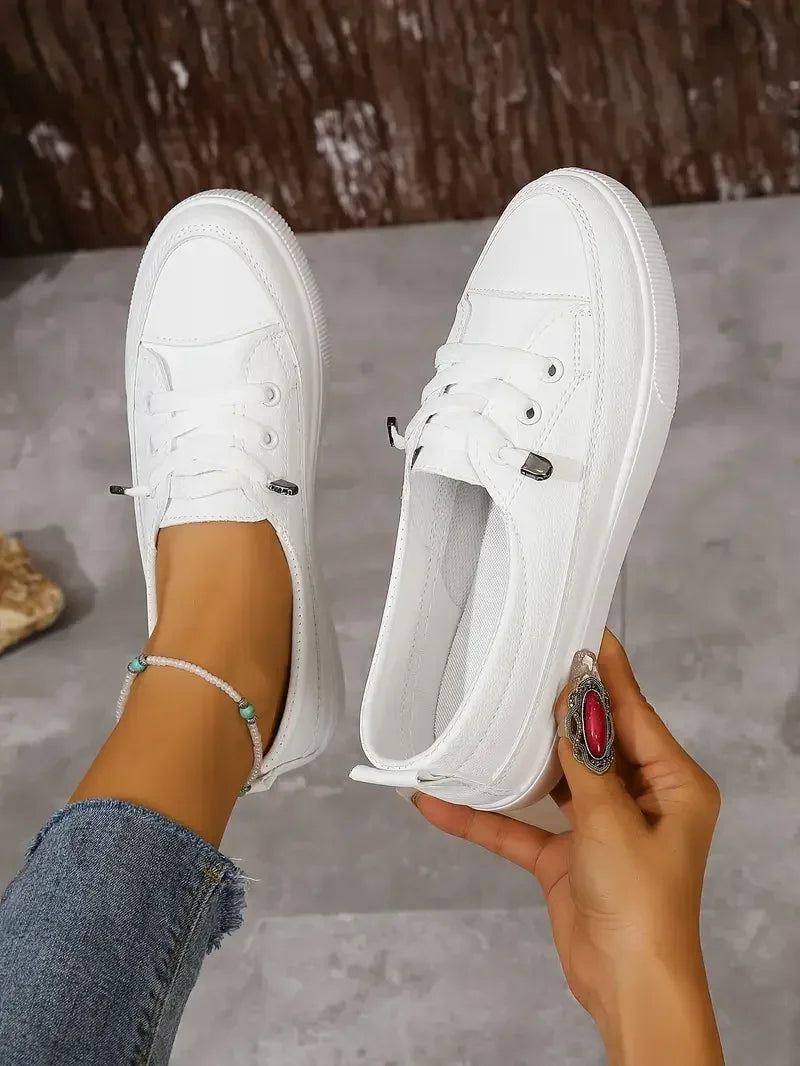 Women's Plain Low Top Sneakers – Lace Up Closed Toe Casual Everyday Flat