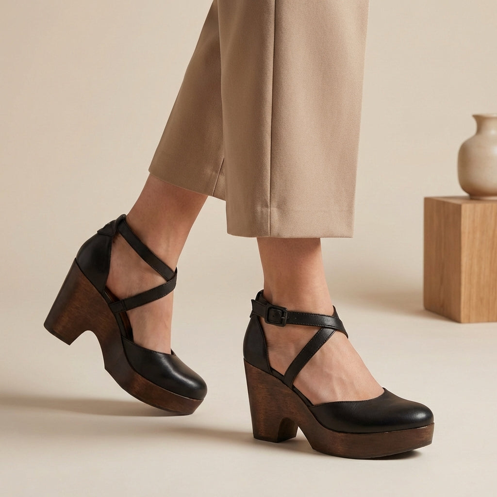 Women's Platform Block Heel Shoes – Cross Ankle Strap Buckle Closed Toe