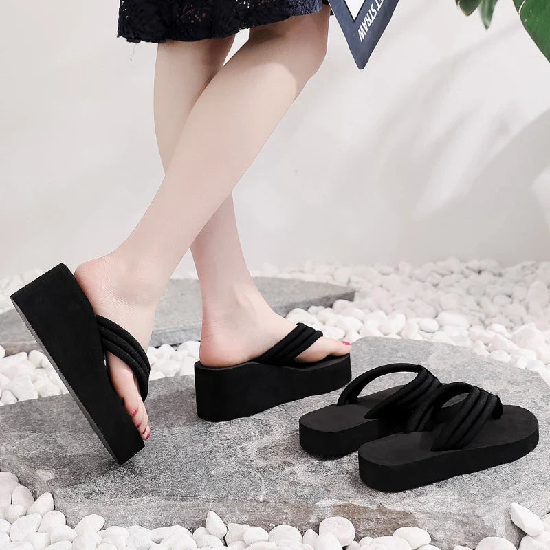 Women's Platform Wedge Flip Flops – Open Toe Ruched Strap Thick Sole Summer