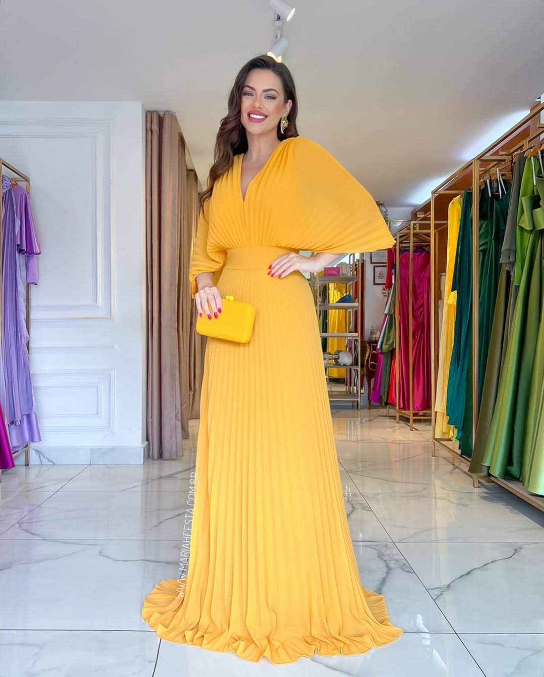 Women's Pleated Batwing Long Sleeve Maxi – V Neck Wedding Guest Dress