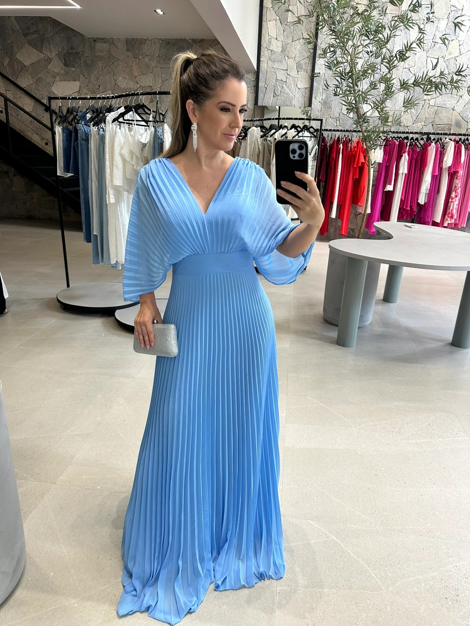 Women's Pleated Batwing Long Sleeve Maxi – V Neck Wedding Guest Dress