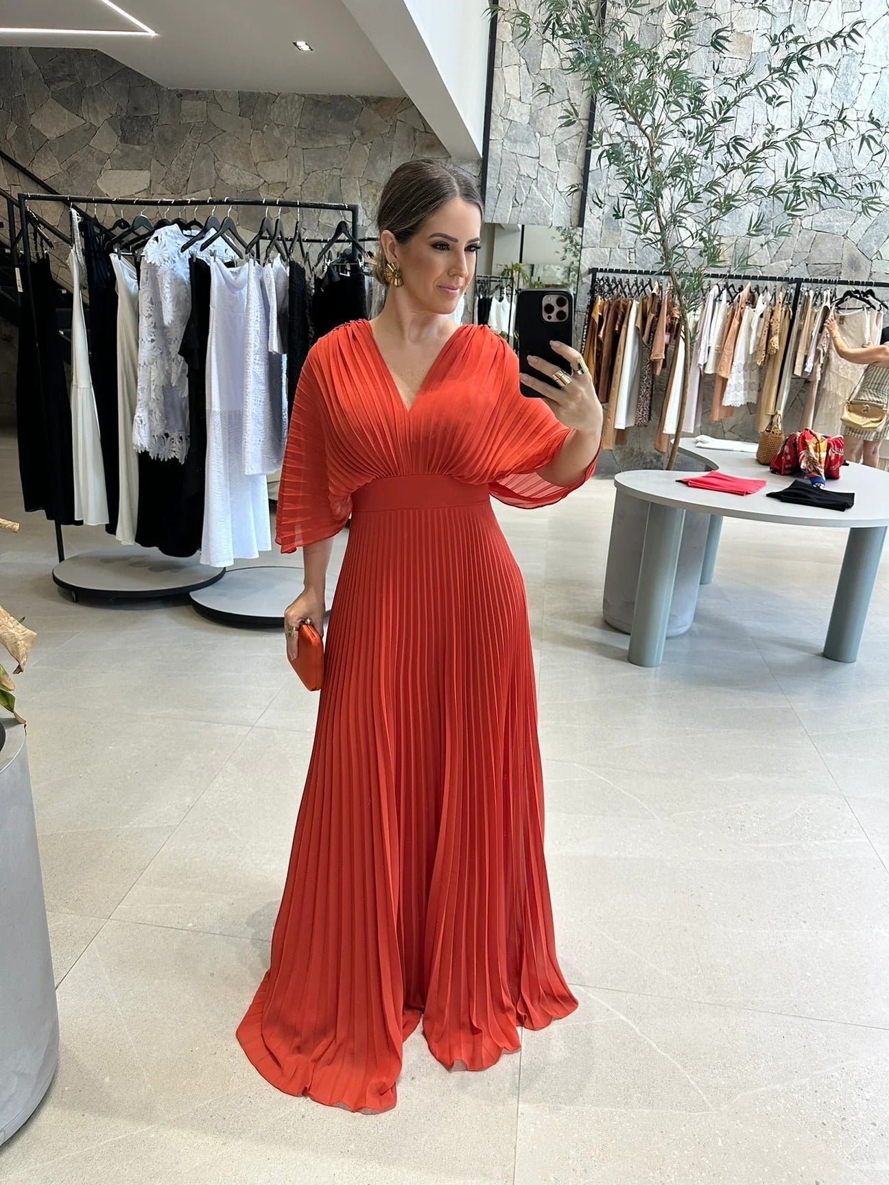 Women's Pleated Batwing Long Sleeve Maxi – V Neck Wedding Guest Dress