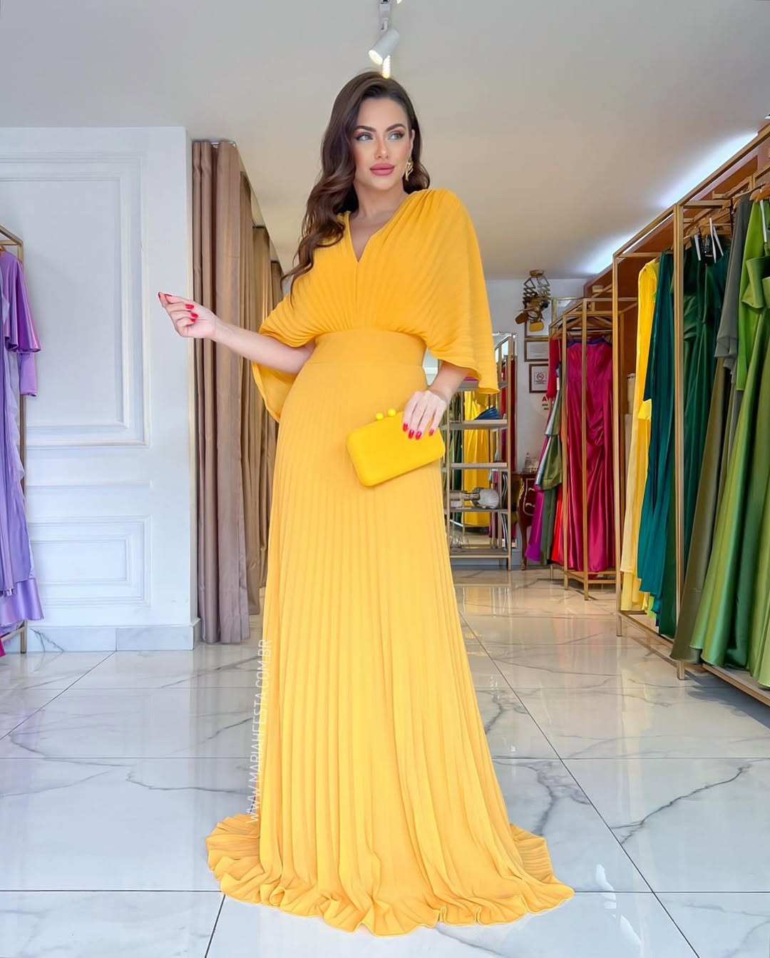 Women's Pleated Batwing Long Sleeve Maxi – V Neck Wedding Guest Dress