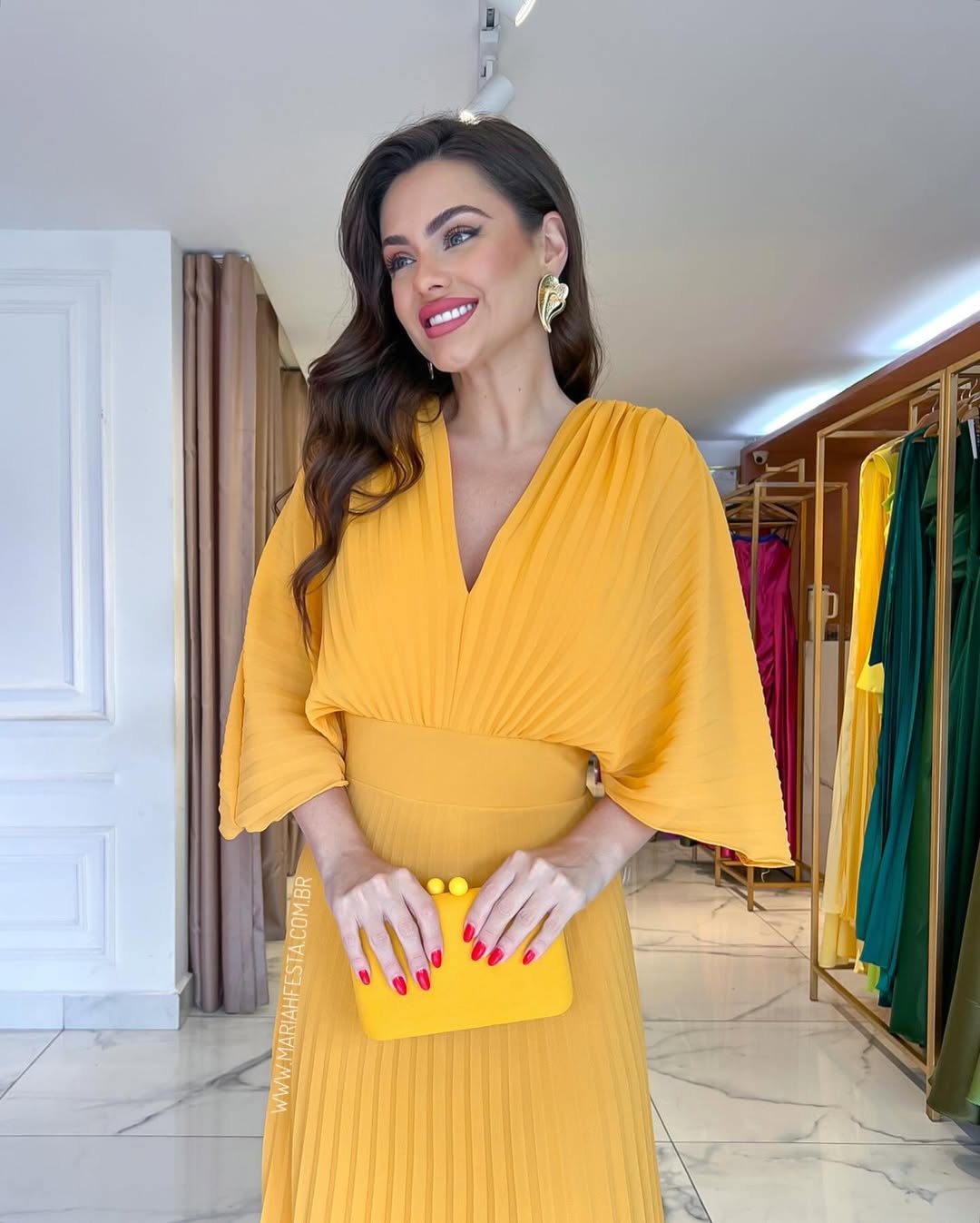 Women's Pleated Batwing Long Sleeve Maxi – V Neck Wedding Guest Dress
