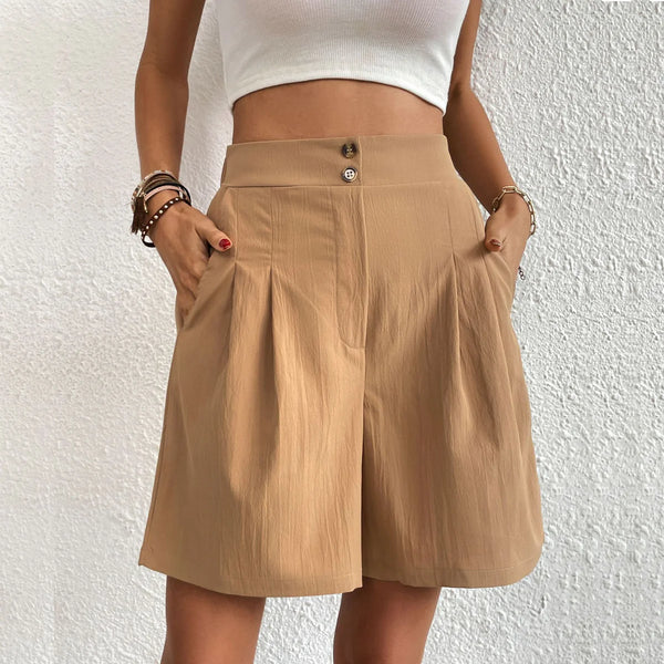 Women's Pleated Bermuda Shorts – High Waist Button Front Pocket Casual