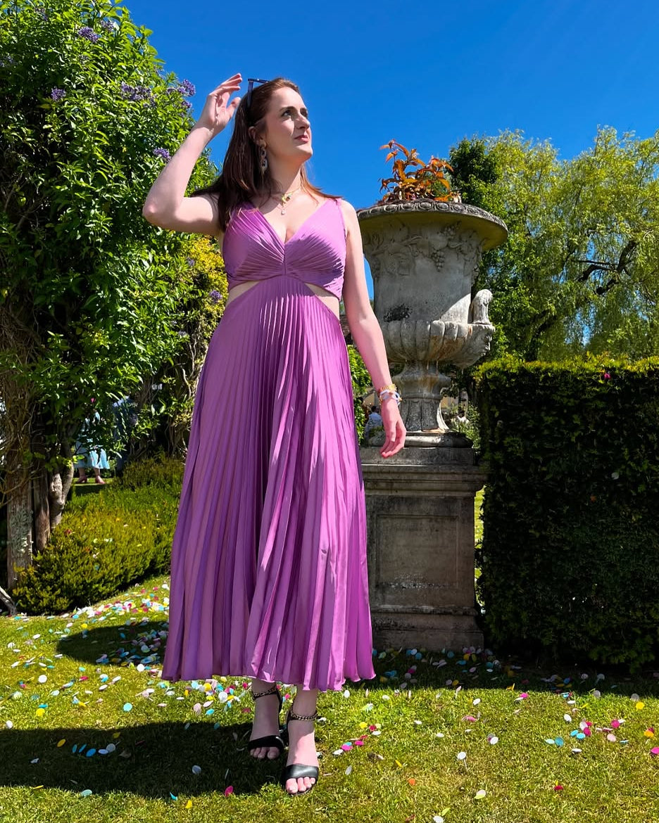 Women's Pleated Cut Out Midi Dress – V Neck Ruched Front Wedding Guest