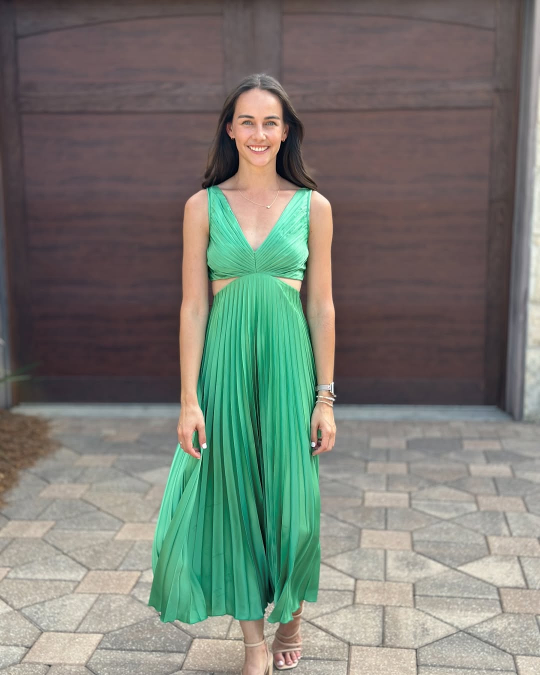 Women's Pleated Cut Out Midi Dress – V Neck Ruched Front Wedding Guest