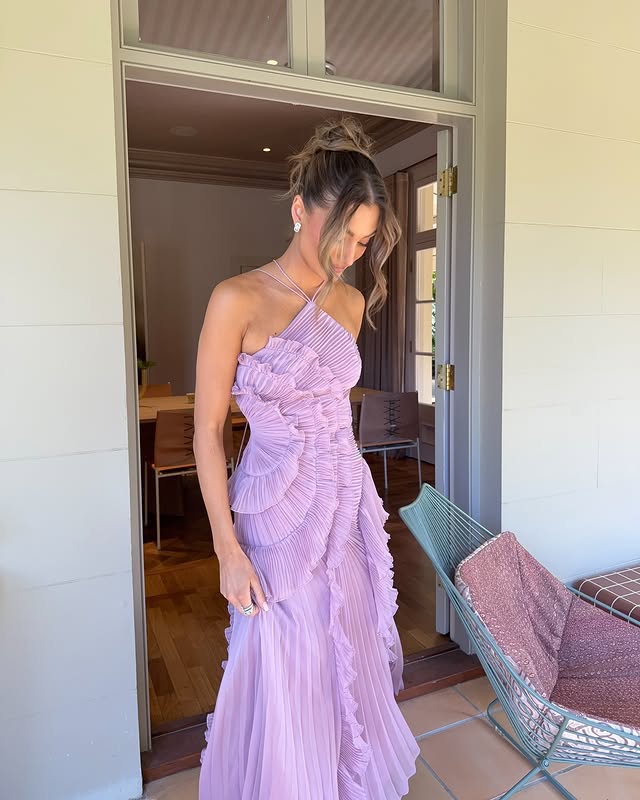 Women's Pleated Halter Maxi – Cascading Ruffle Front Slit Wedding Guest Dress