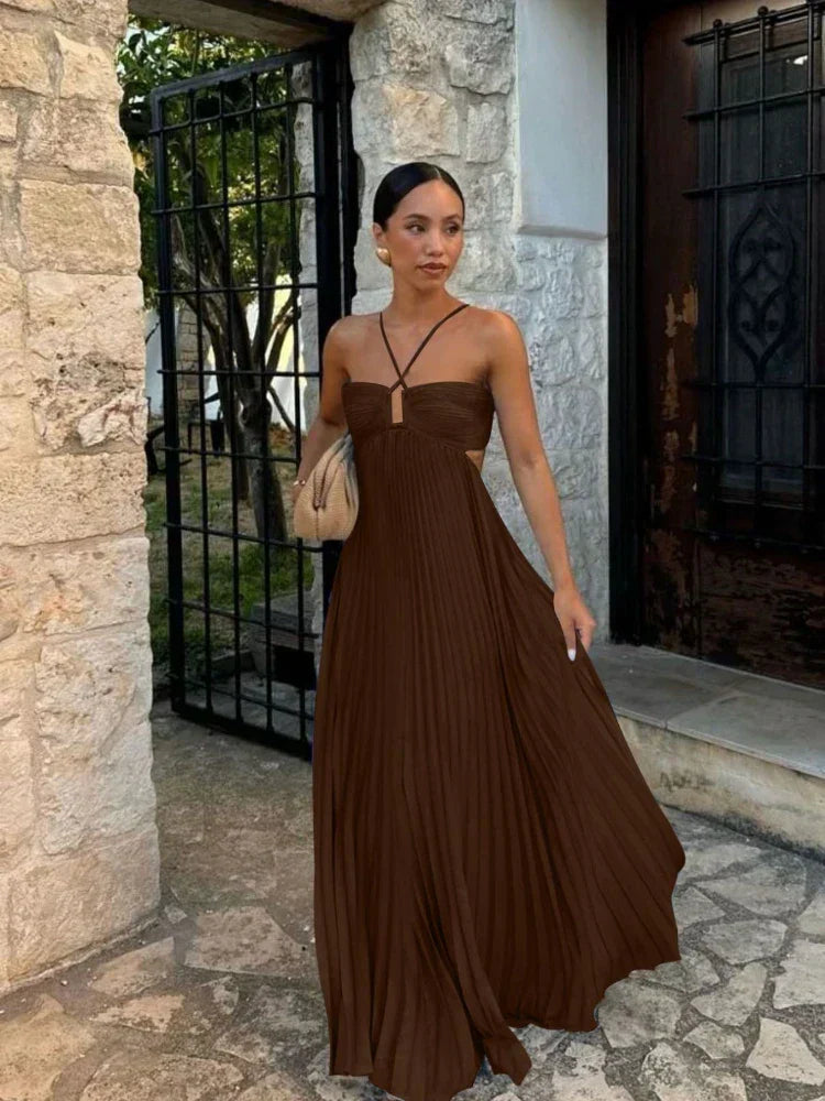 Women's Pleated Halter Maxi – Cut Out Ruched Backless Wedding Guest Dress